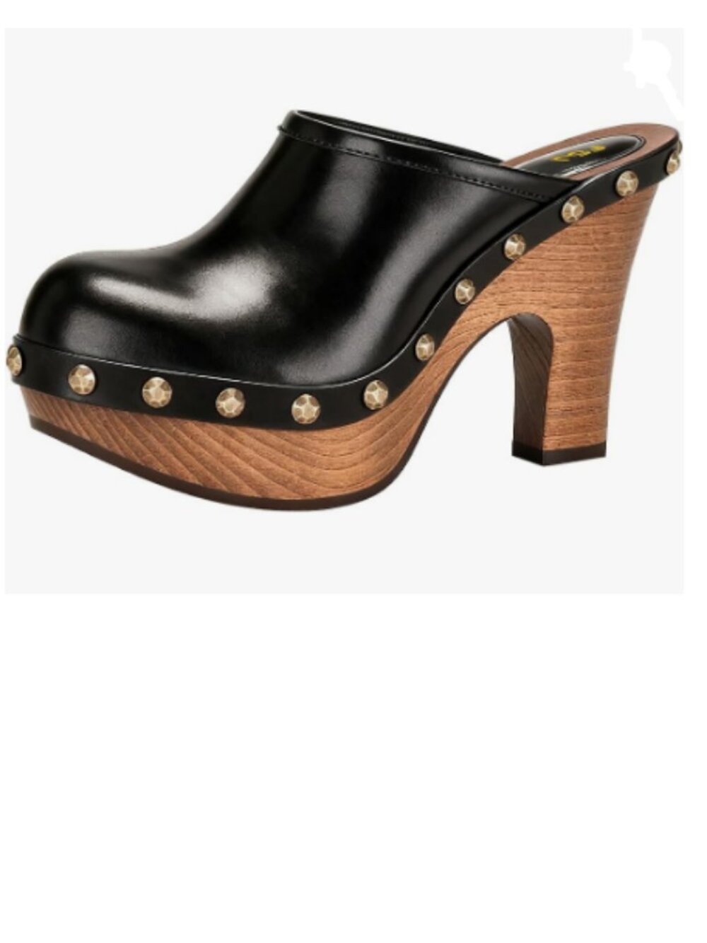 FSJ Black Platform Mules Round Toe Studded Slip On Clogs Wooden Chunky Heel Shoe